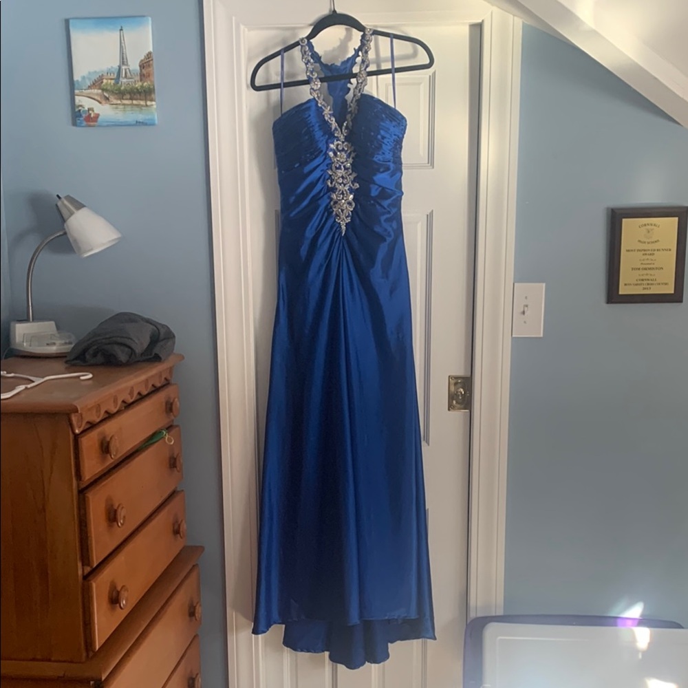 Elegant Blue Halter Gown with Silver Embellishments